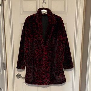 Tahari Burgundy Leopard Print Faux Fur Jacket